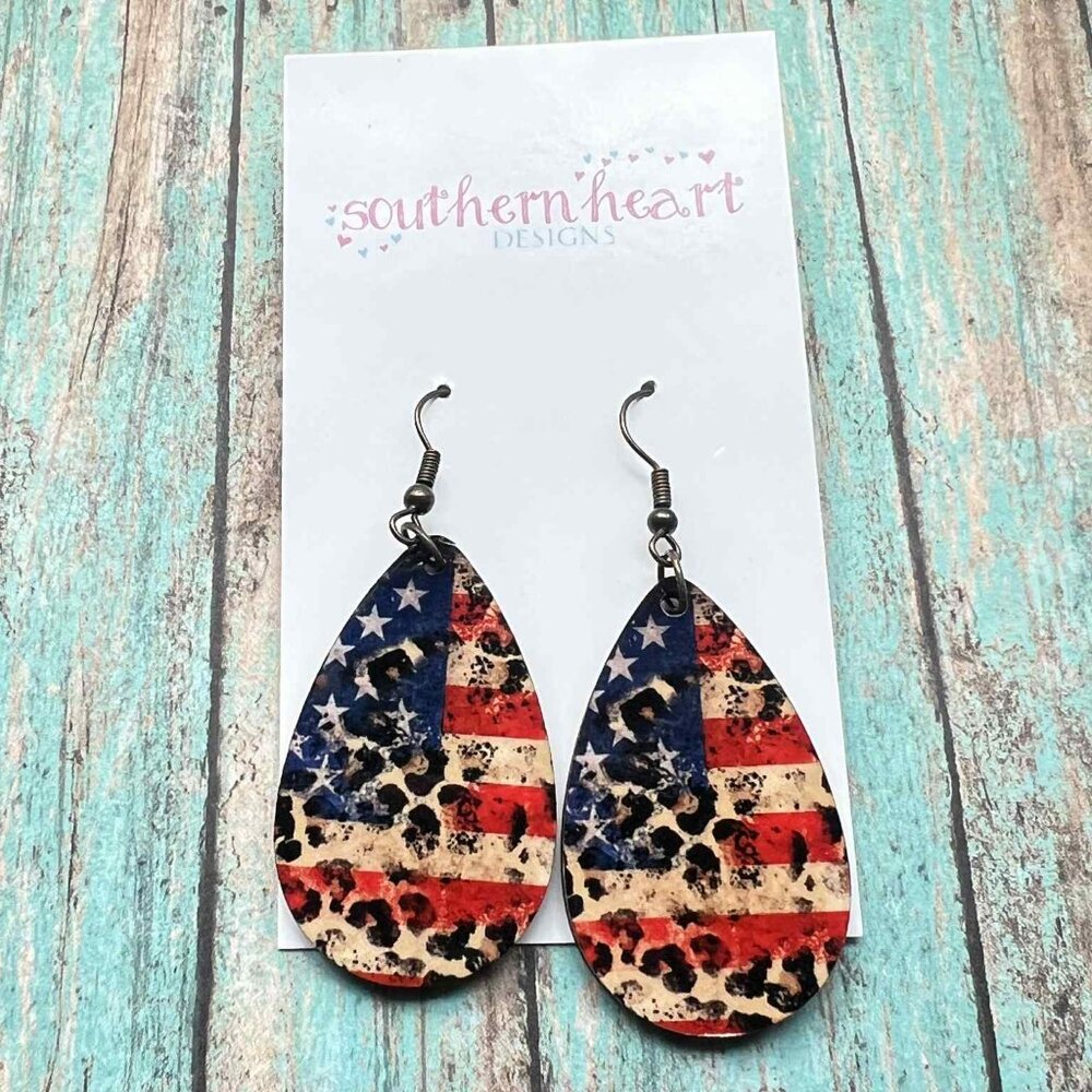 American Flag Leopard Teardrop Earrings